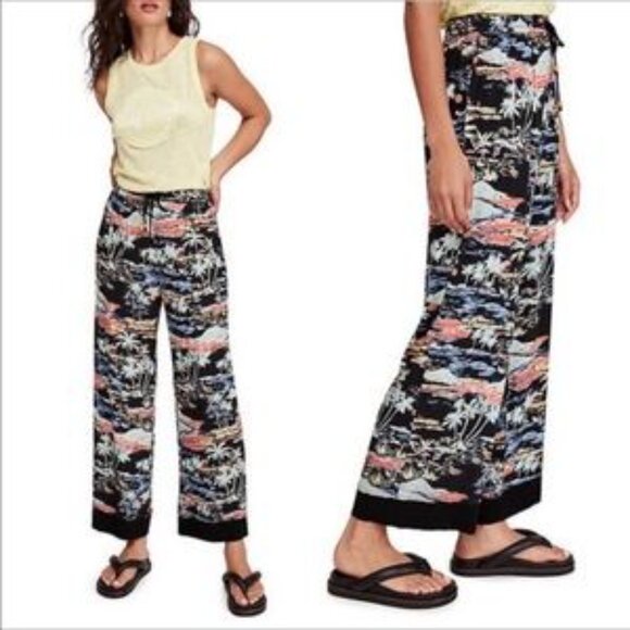 Free People Blue Lagoon Palazzo Tropical Print Wide-Leg Rayon Lounge Pants - Picture 1 of 14